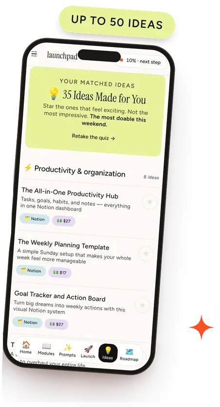 Matched product ideas from the idea quiz inside the Launchpad